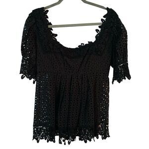 Victorias Secret Lace Boho Top Womens 10 Black Square Neck Short Sleeve Eyelet